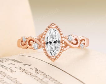 Vintage Marquise Cut Moissanite Engagement Ring,14K Rose Gold Bridal Ring,Art Deco Moissanite Ring,Unique Promise Ring,Anniversary Gift
