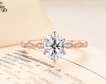 Oval shape moissanite engagement ring vintage round cut diamond ring art deco rose gold ring antique milgrain ring anniversary promise ring