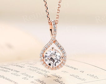 Vintage Round Moissanite Pendant Necklace, Unique Moissanite Halo Pendant, Rose Gold Pendant, Delicate Charm Pendant, Anniversary Necklace