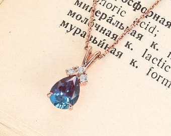 Dainty Pear Shape Alexandrite Pendant Necklace: Unique 14K Rose Gold Anniversary Gift For Her