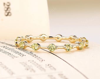 Dainty Round Cut Natural Peridot Ring: Minimalist Solid Gold Full Eternity Ring,Unique Stackable Anniversary Promise Ring