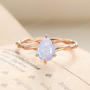 Minimalist Pear Opal Engagement Ring,Dainty 14K Rose Gold Twisted Band,Solitaire Opal Wedding Ring,Unique Women Anniversary Promise Ring