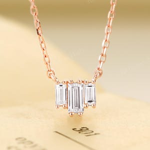 Minimalist Baguette Cut Diamond / Moissanite Necklace, Rose Gold Necklace, Moissanite Engagement Necklace, Three Stone Pendant Necklace