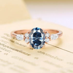 Oval Grey Blue Moissanite Engagement Ring,Rose Gold Ring,Marquise Cut Diamond / Moissanite Ring,Anniversary Promise Ring,Rings for Women image 1