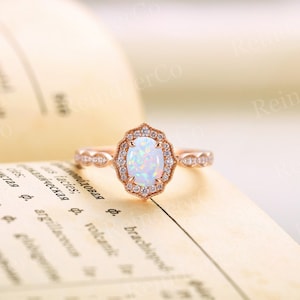 Art deco engagement ring vintage, Oval Lab Opal ring rose gold, Halo set Diamond Moissanite, Half eternity ring, Anniversary