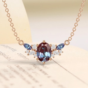 Unique Oval Alexandrite Necklace,Solid 14K Rose Gold June Birthstone Pendant,Women Colour Changed Gemstone Anniversary Necklace Gift For Her