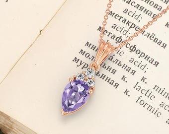 Dainty Pear Amethyst Pendant Necklace: 14K Gold Moissanite Cluster Teardrop Necklace,Anniversary Gift