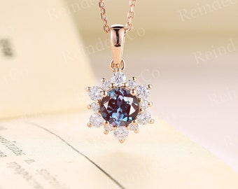 Lab Alexandrite pendant necklace|Vintage round cut rose gold pendant |Unique Diamond Moissanite pendant necklace|Birthstone necklace