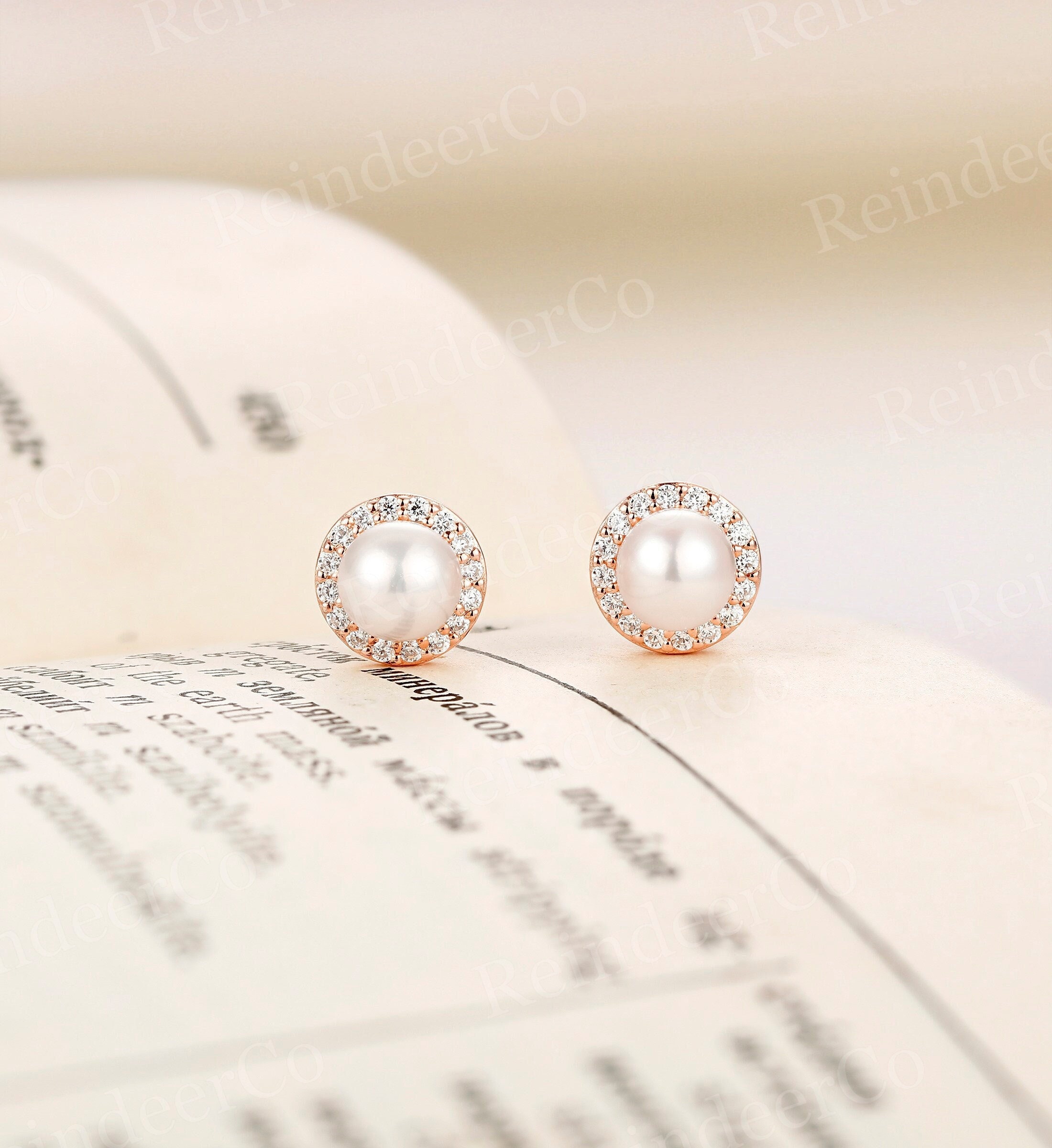 Unique Akoya Pearl Earring Studs,Vintage Moissanite Halo Earrings,14K Rose Gold Earring,Delicate Elegant Earrings,Wedding Promise Earrings