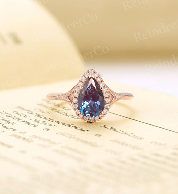Alexandrite engagement ring, Pear shaped prong set ring rose gold, Halo set Diamond / Moissanite ring, Art deco anniversary ring