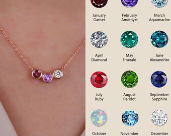 Bezel Setting Three Stone Necklace Personalized Birthstone Family Necklace Rose Gold Special Mama's Daily Wearing Necklace Mother's Day gift