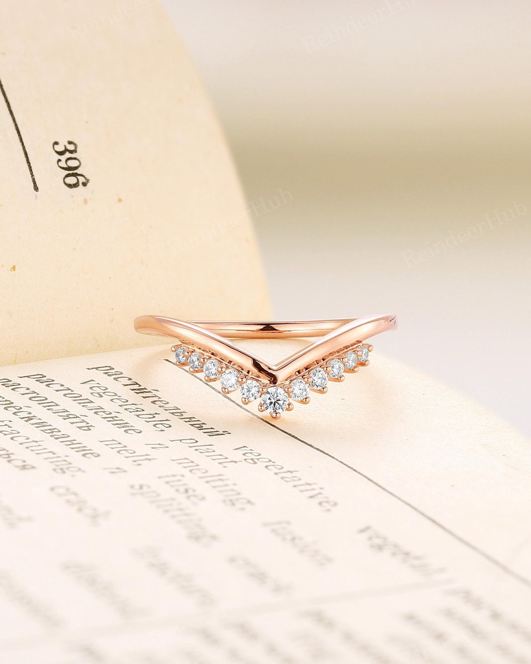 Moissanite Chevron Wedding Band 14K Rose Gold Curved Stacking Ring ...