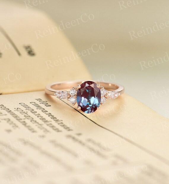 Vintage Alexandrite engagement ring Oval cut rose gold ring marquise cut unique diamond ring Moissanite wedding ring anniversary ring
