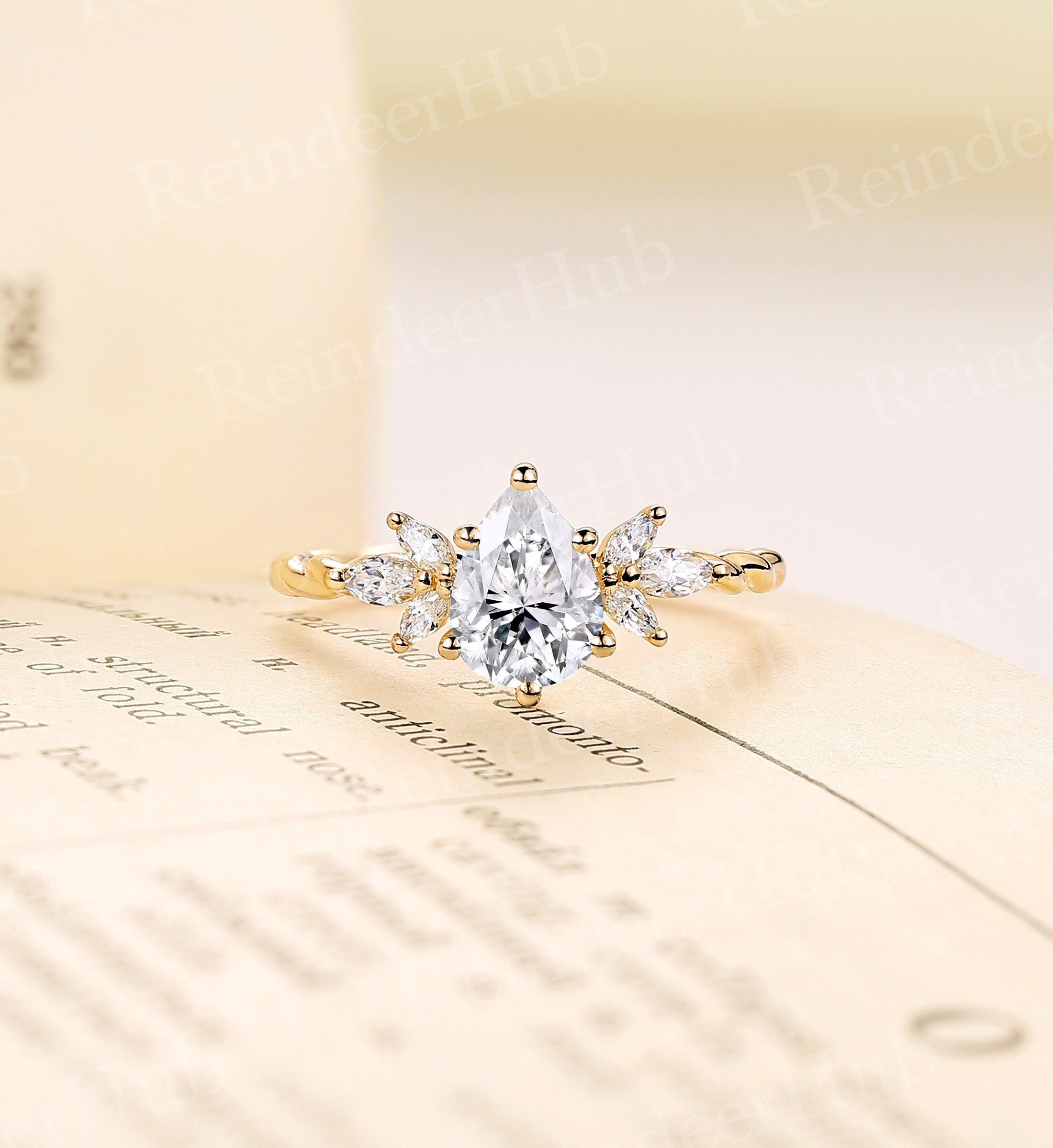 Moissanite engagement ring rose gold pear cut cluster ring marquise cut vintage moissanite diamond ring unique yellow gold twisted ring