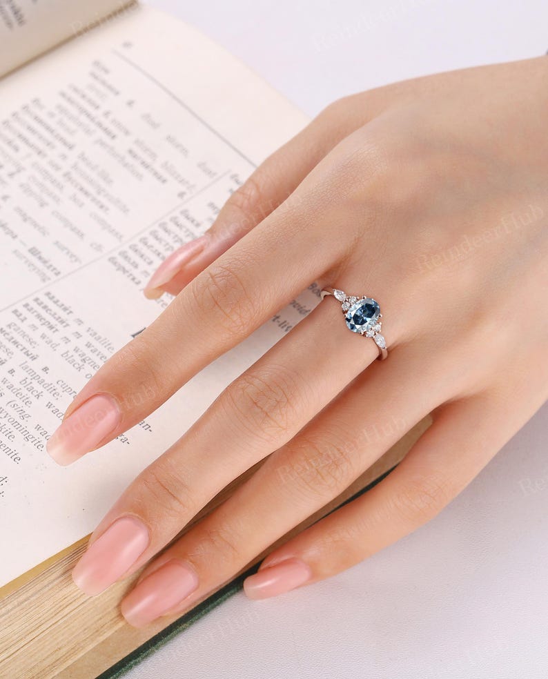 Oval Grey Blue Moissanite Engagement Ring,Rose Gold Ring,Marquise Cut Diamond / Moissanite Ring,Anniversary Promise Ring,Rings for Women image 2