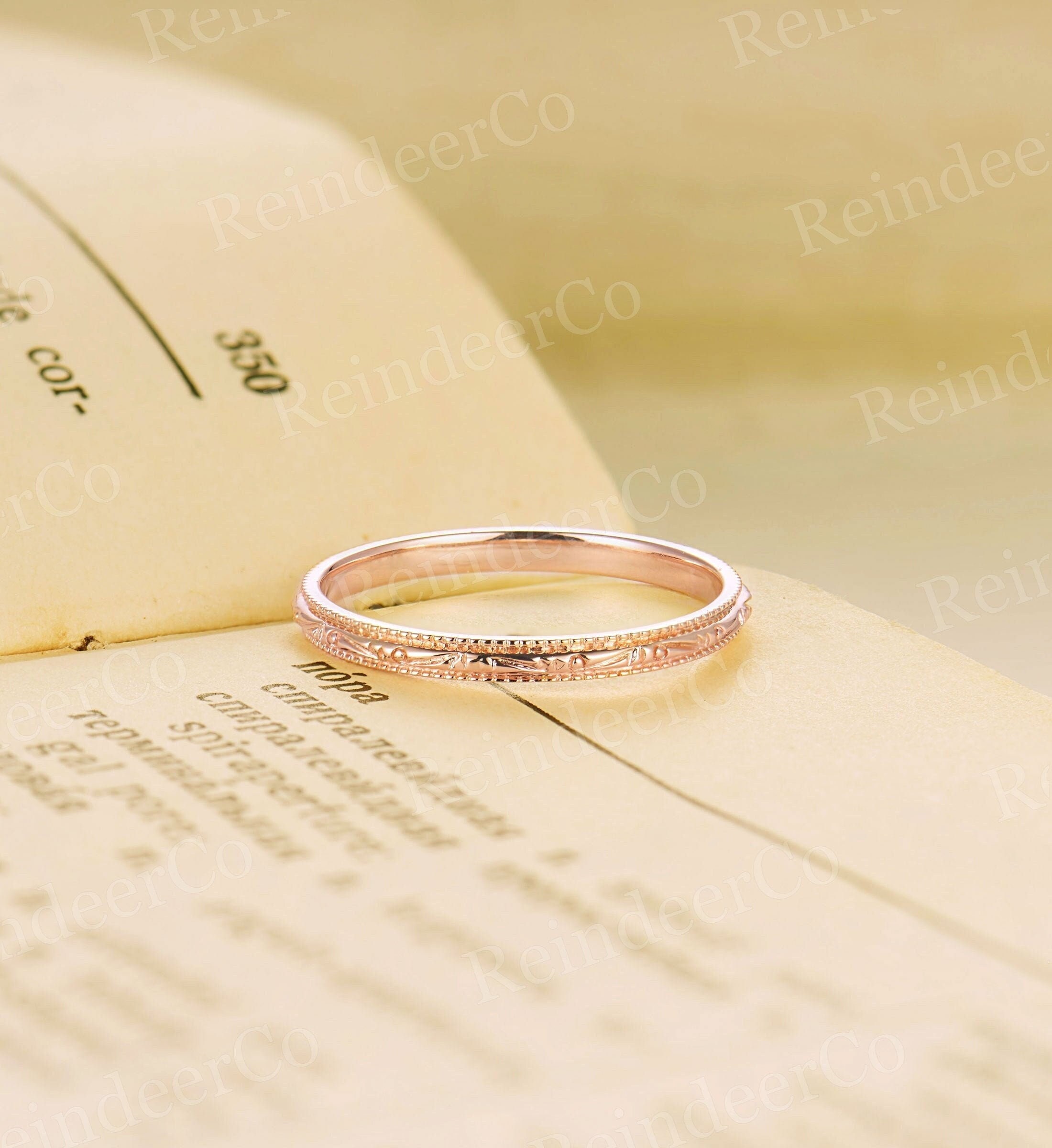 Vintage 14K Solid Gold Gerade Hochzeit Band, Rose Gold Ring, klassische gravierte Band, Antique Milgrain Ring, stapelbar Jubiläum Versprechen Ring