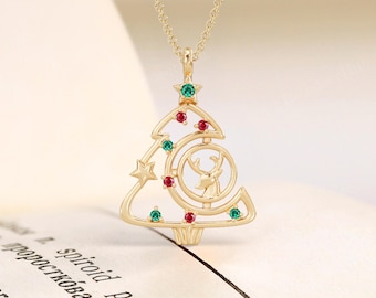 Christmas Tree Necklace,Yellow Gold Reindeer Pendant With Emerald And Ruby,Festive Holiday Jewelry Winter Gift For Her Family Celebration