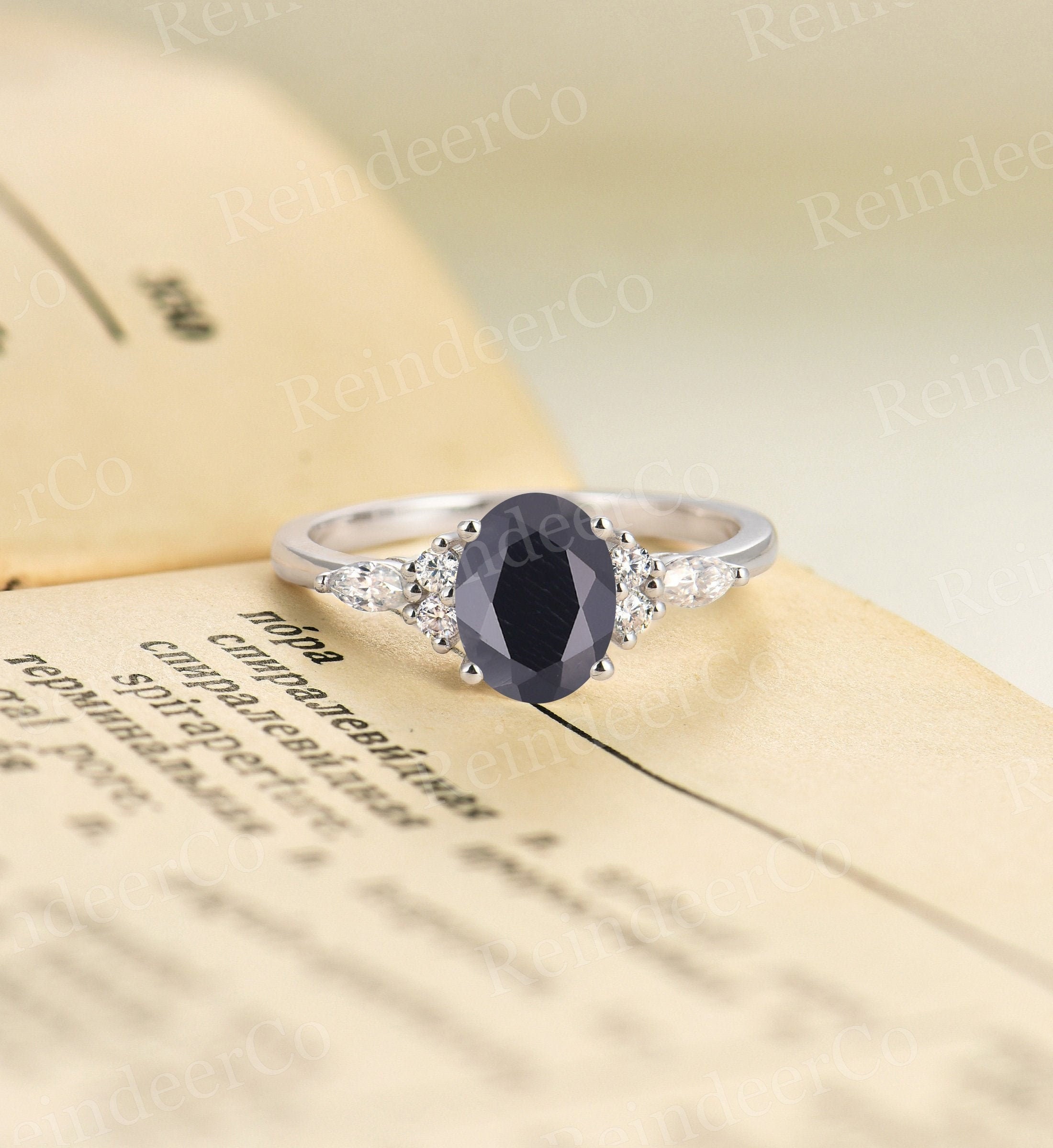 Vintage engagement ring white gold black onyx ring diamond | Etsy