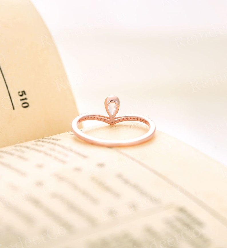 Anniversary Moonstone engagement ring rose gold Half eternity ring Pear shaped ring diamondmoissanite Prong set milgrain