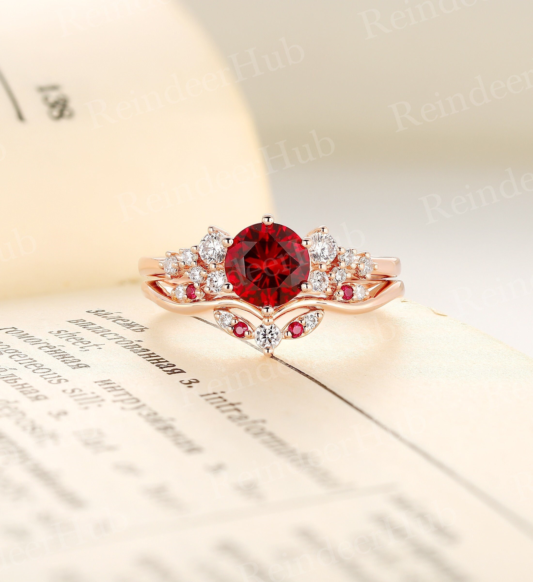 Vintage Round Ruby Engagement Ring Set,Rose Gold Cluster Ring,Unique Round Cut Moissanite Bridal Set,Curved Band Anniversary Promise Ring