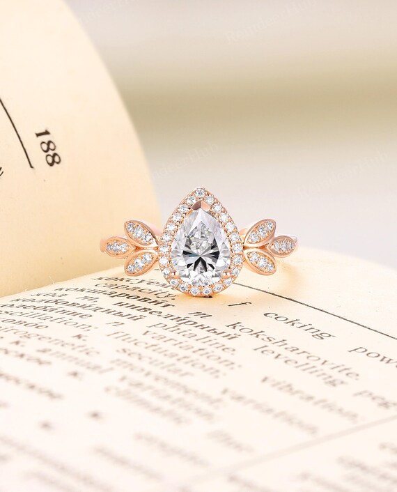 Vintage Pear Shaped Moissanite Engagement Ring,Unique 14K Rose Gold Halo Ring,Leaf Shape Wedding Ring,Anniversary Promise Ring,Proposal Ring Vintage Pear Shaped Moissanite Engagement Ring,Unique 14K Rose Gold Halo Ring,Leaf Shape Wedding Ring,Anniversary Promise Ring,Proposal Ring