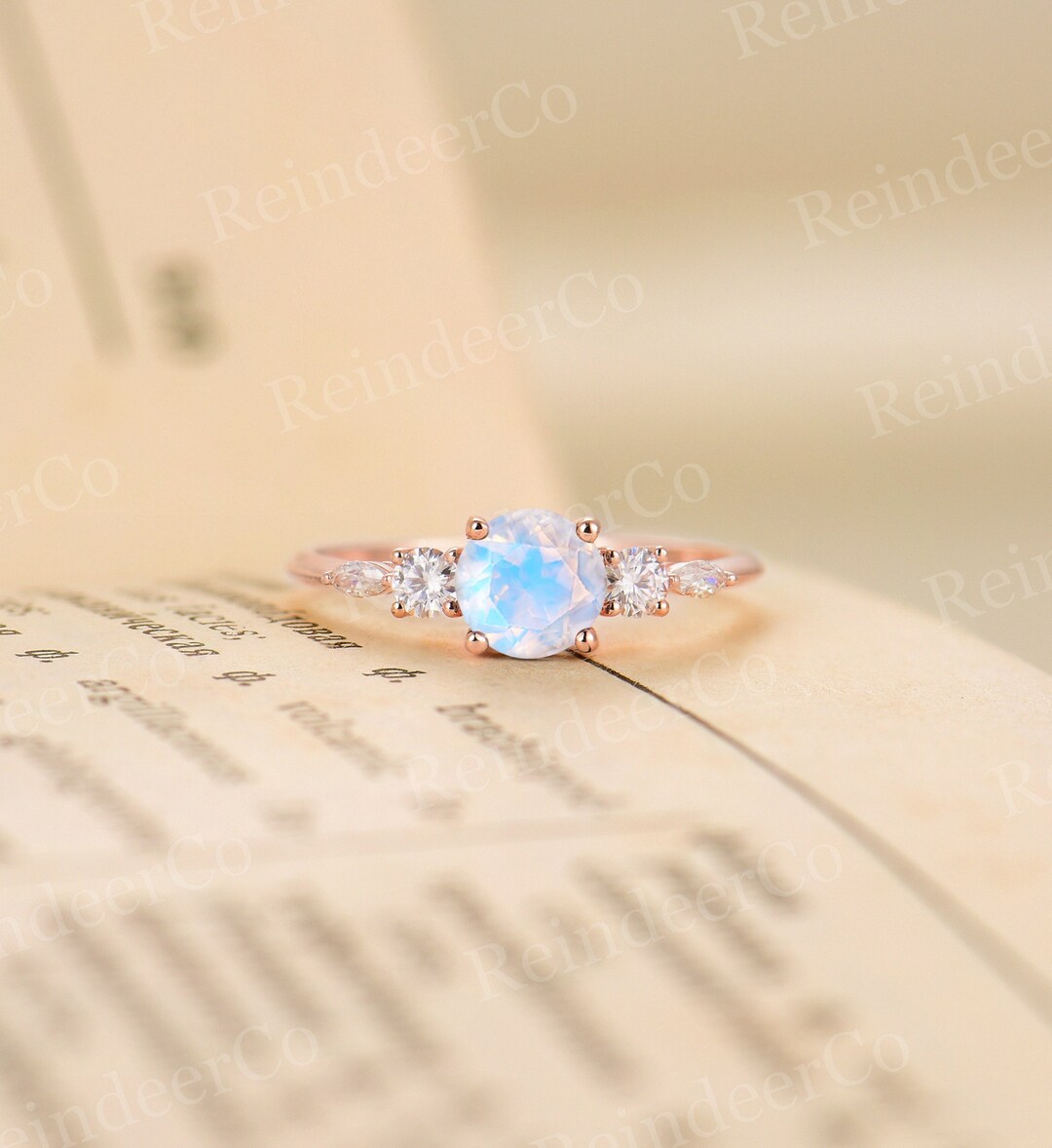 Moonstone Engagement Ring Rose Gold Round & Marquise Cut Moissanite ...