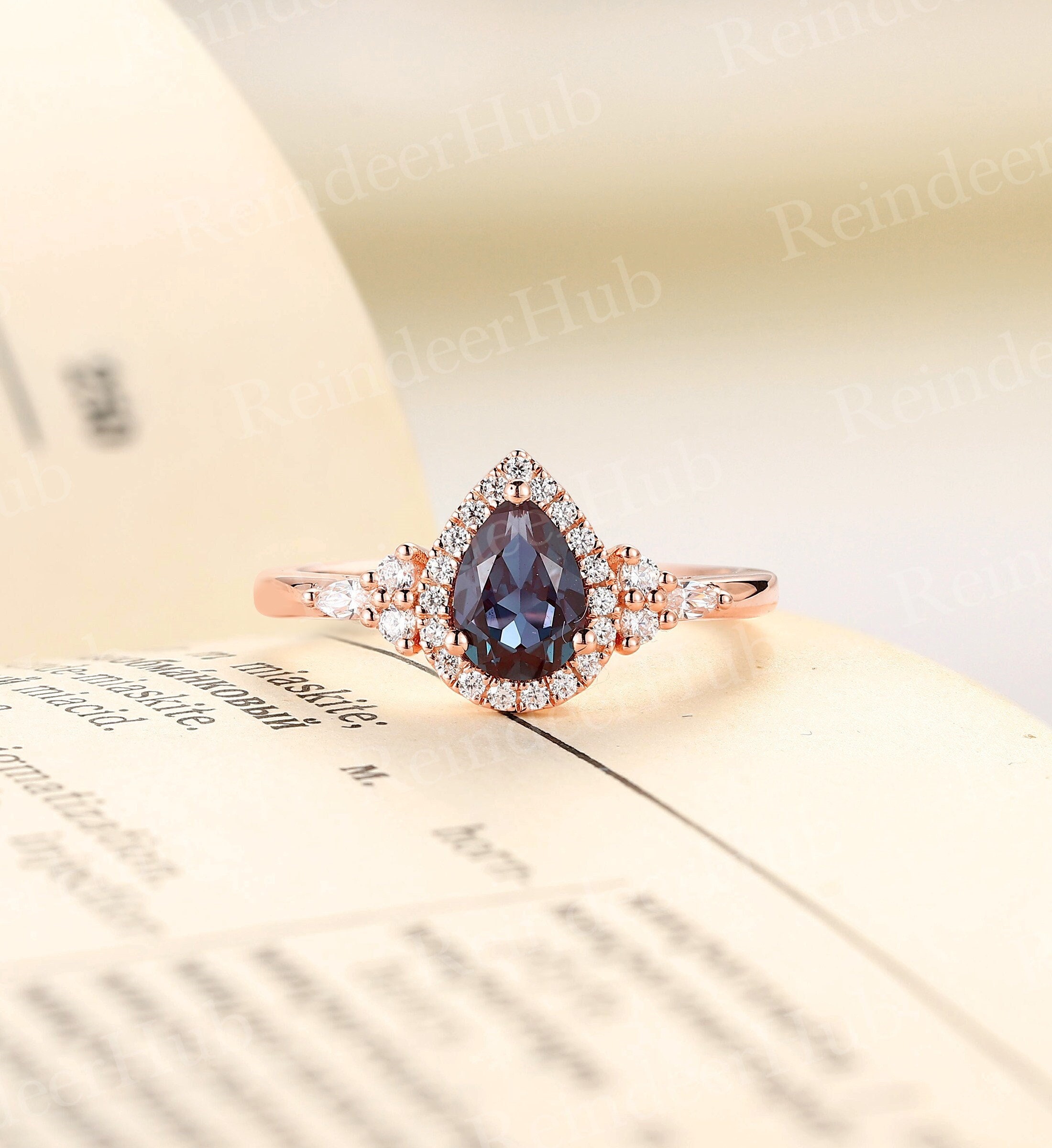 Antique Pear Cut Alexandrite Engagement Ring,14K Rose Gold Diamond Halo Ring,Unique Round Cut Moissanite Ring,Anniversary Promise Ring
