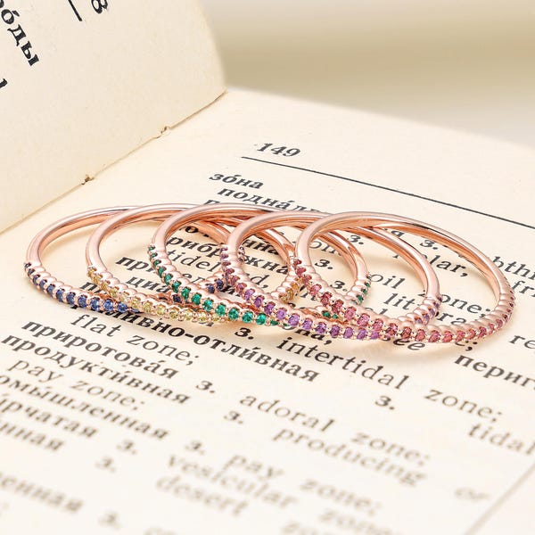 Minimalist Emerald Sapphire Birthstone Wedding Band,Unique 14K Solid Gold Half Eternity Ring,Dainty Pink Tourmaline Stackable Promise Ring