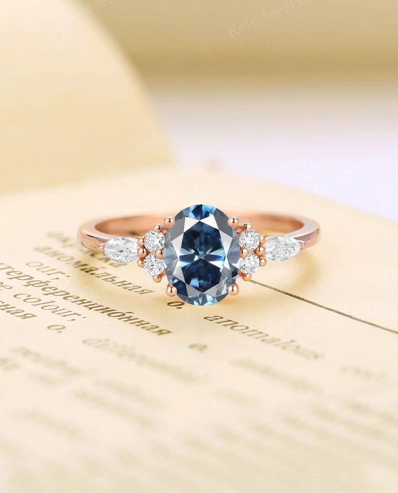 Oval Grey Blue Moissanite Engagement Ring,Rose Gold Ring,Marquise Cut Diamond / Moissanite Ring,Anniversary Promise Ring,Rings for Women image 1