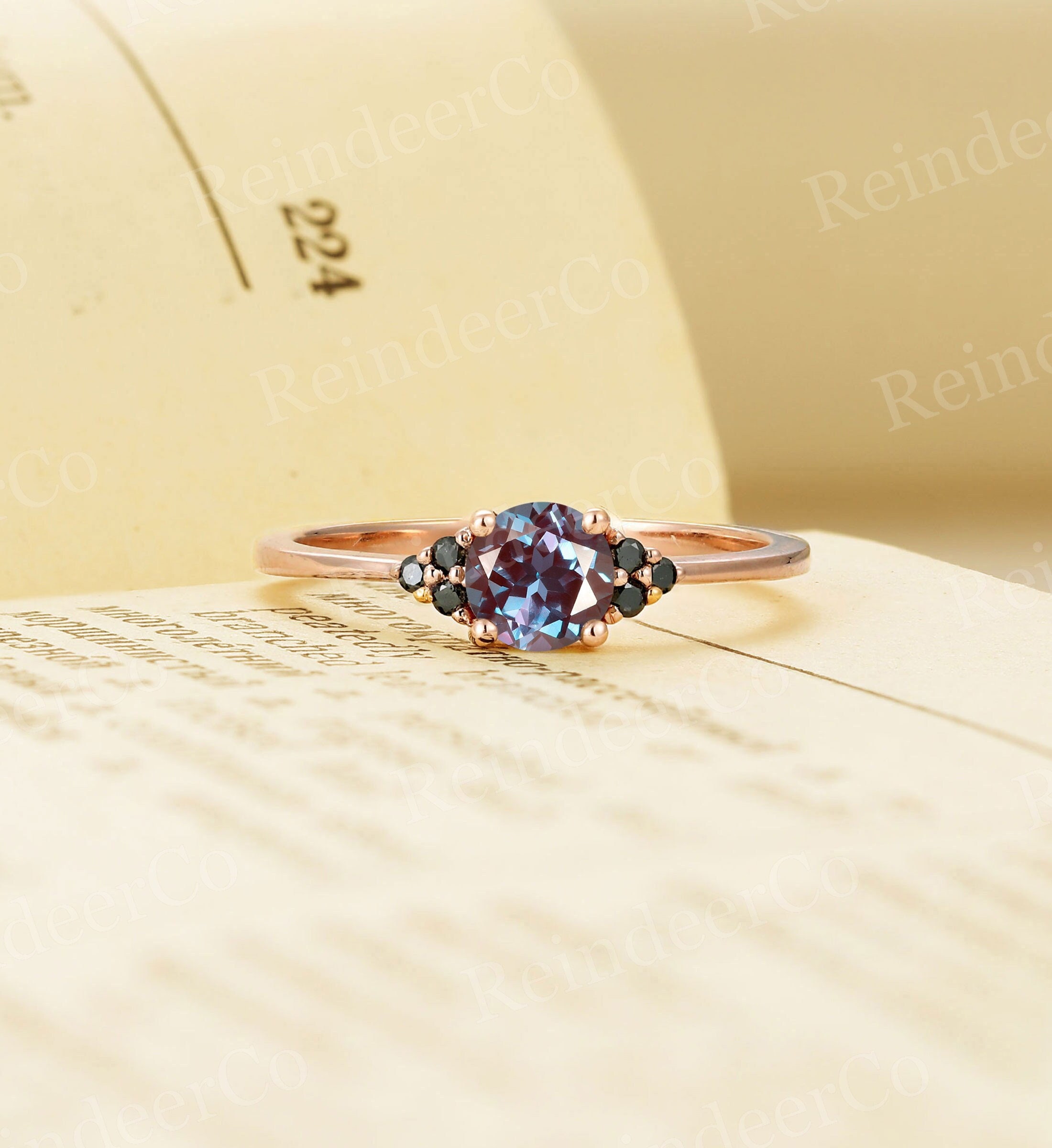 Vintage Round Lab Alexandrite engagement ring, Black diamond prong set rose gold ring, Art deco Anniversary ring, Unique promise ring
