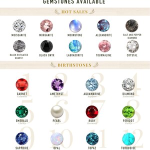 May include: A chart showing different gemstones and their birthstone meanings. The chart is divided into two sections: "Hot Sales" and "Birthstones". The "Hot Sales" section features gemstones such as Moissanite, Morganite, Moonstone, Alexandrite, Salt and Pepper Diamond, Black Rutilated Quartz, Black Onyx, Labradorite, Tourmaline, and Crystal. The "Birthstones" section features gemstones such as Garnet, Amethyst, Aquamarine, Diamond, Emerald, Pearl, Ruby, Peridot, Sapphire, Opal, Topaz, and Turquoise.