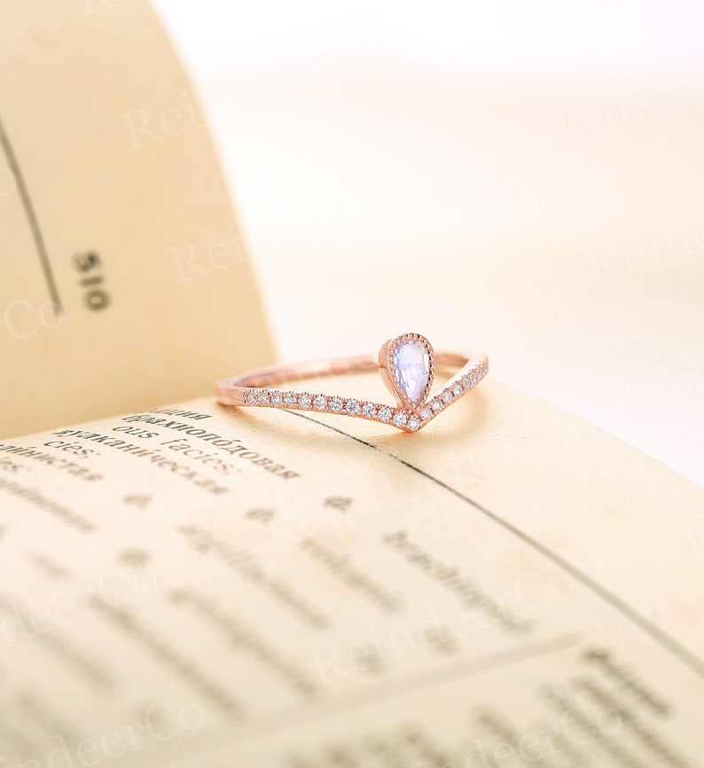 Anniversary Moonstone engagement ring rose gold Half eternity ring Pear shaped ring diamondmoissanite Prong set milgrain