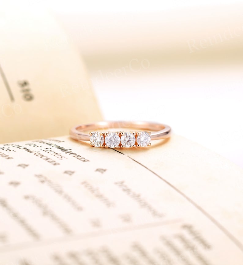 Unique promise ring Anniversary s for her 14k rose gold matching ring Diamond Moissanite wedding band Prong set