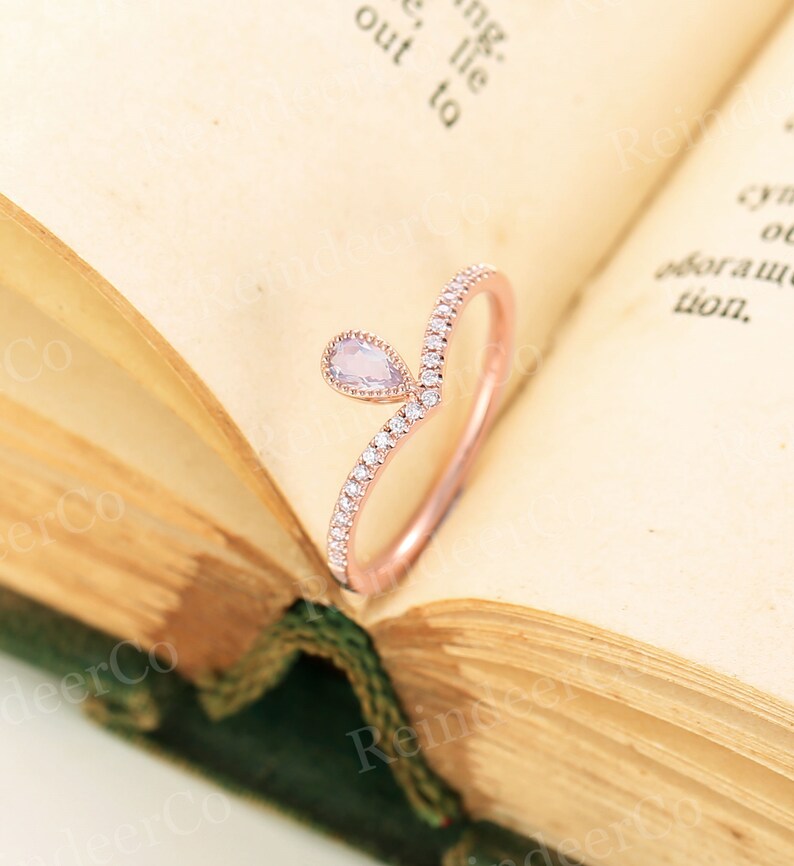 Anniversary Moonstone engagement ring rose gold Half eternity ring Pear shaped ring diamondmoissanite Prong set milgrain