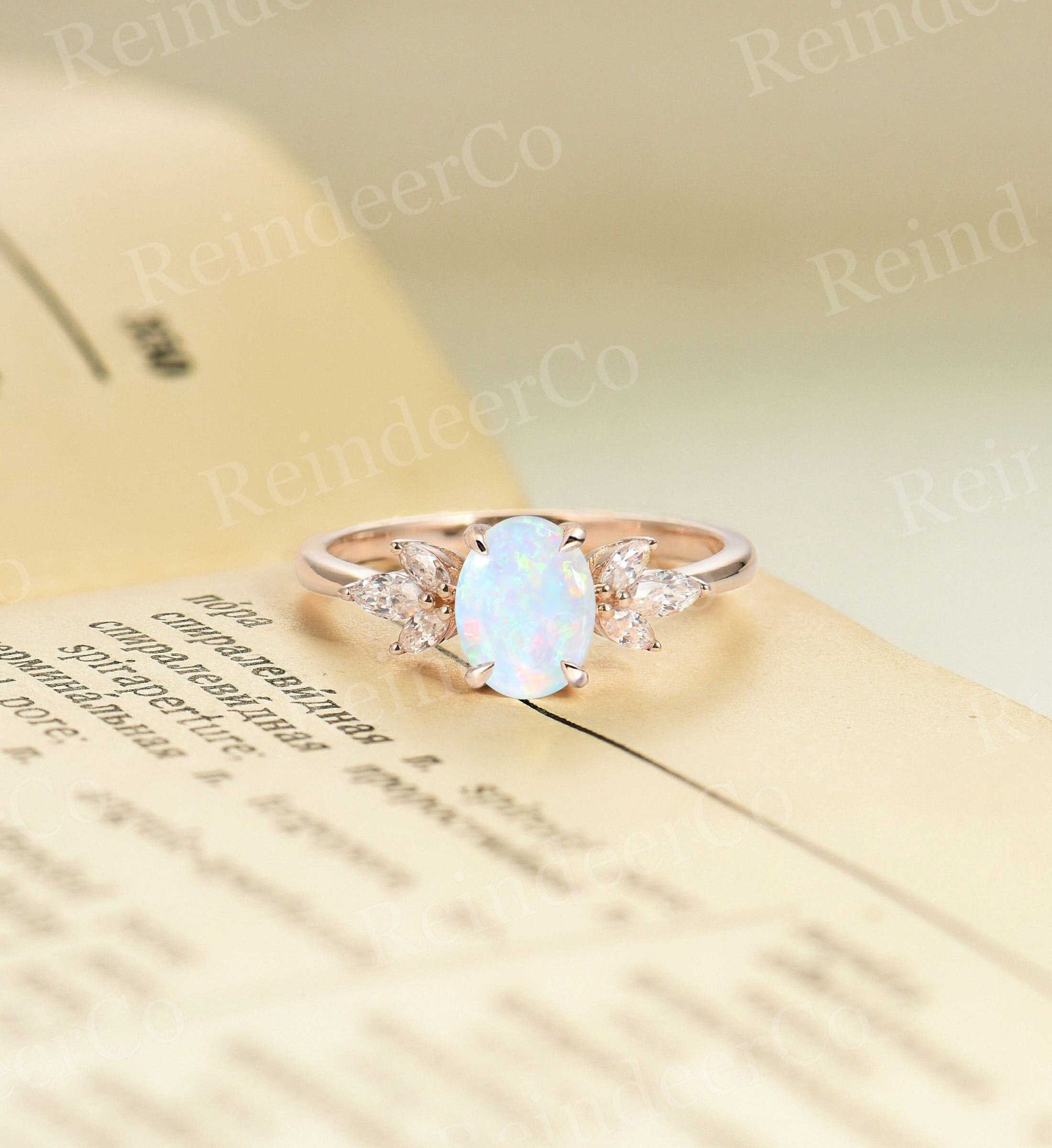 Vintage natural opal engagement ring, rose gold ring, Oval cut ring, Moissanite /diamond wedding ring, anniversary ring, bridal ring