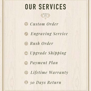 K&ouml;nnte beinhalten: Eine Grafik mit dem Text "OUR SERVICES" und einer Liste der von Reideer & Co. angebotenen Dienstleistungen. Die Dienstleistungen umfassen: Sonderanfertigung, Gravurdienst, Eilauftrag, Upgrade-Versand, Zahlungsplan, lebenslange Garantie und 30 Tage R&uuml;ckgaberecht.