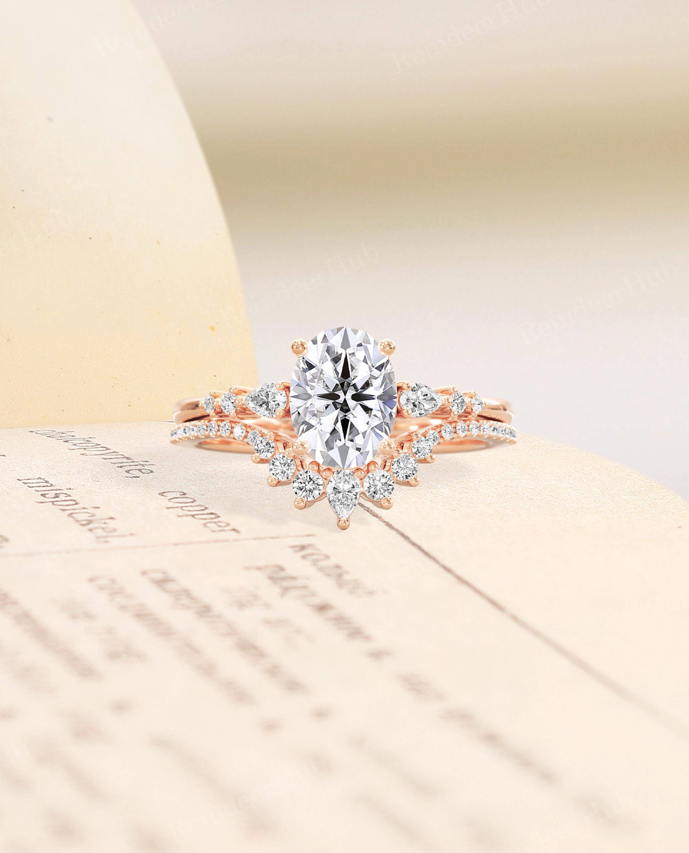 Unique Oval Moissanite Bridal Ring Set,Classic Engagement Ring with Curved Wedding Band,Art Deco 14K Rose Gold Matching Wedding Ring Set