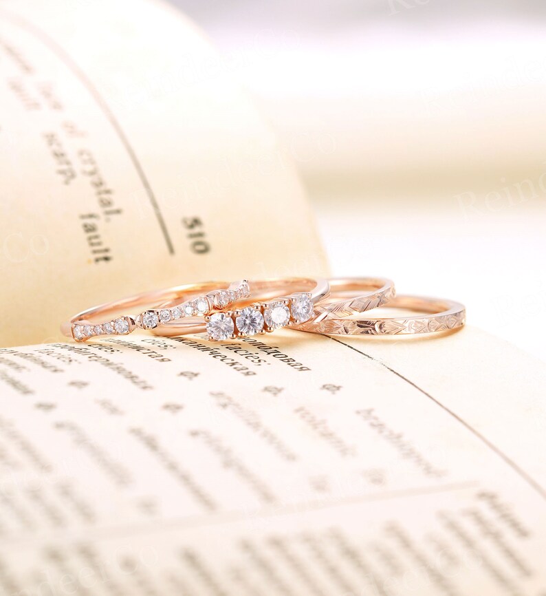 Unique promise ring Anniversary s for her 14k rose gold matching ring Diamond Moissanite wedding band Prong set