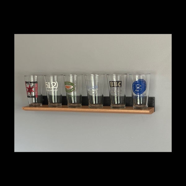 Pint Beer (6) Glass Display Shelf Natural/Black Oak