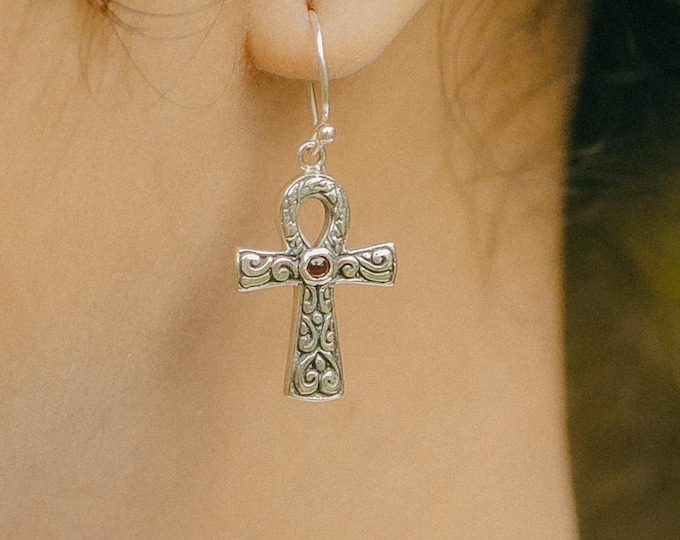Egyptian Ankh (Key of life) Earring, Garnet gemstone,  Jewellery, Silver Handcraft Earrings by Dewata Studio Bali