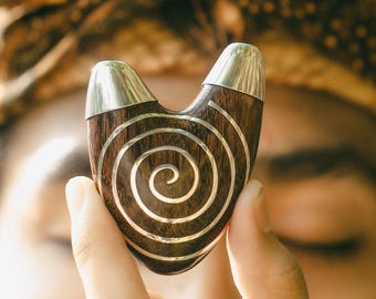 Heart Shape Spiral Silver Line Kuripe Pipe, Handcrafted Tamarind Wood with Balinese High Purity Silver