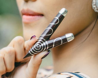 Handcrafted Tamarind Wood Kuripe Pipe with Spiral line Balinese Pure Silver