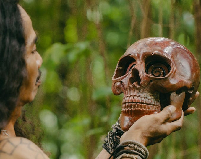 Real Size Stone Skull Artifact with Spiral Eyes, Exclusive Collectible Altar Decor