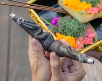 Dewata Snake Tepi Pipe: Ebony Wood, Sterling Silver, Amethyst & Garnet