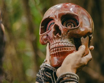 Real Size Stone Skull Artifact with Spiral Eyes, Exclusive Collectible Altar Decor