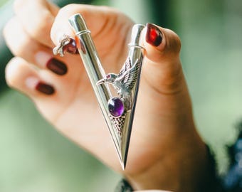 Hummingbird Kuripe Pipe, High Purity Silver with Amethyst & Ruby
