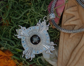Balinese Chakra Silver Pendant with Blue Topaz & Black Sapphire