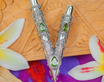 Green Peridot High Purity Silver Kuripe, Exclusive Handcrafted Pipe, Unique Balinese Ornament, Collectible pipe