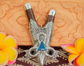 Trisula Kuripe / Handmade Balinese Kuripe / Tamarind wood / Sterling Silver & Azurite Stone
