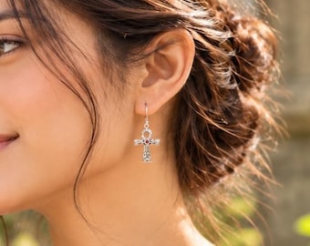 Egyptian Ankh (Key of life) Earrings, Garnet & Sterling Silver, Handcrafted in Bali by Dewata Studio